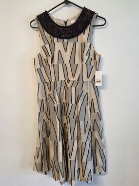 Tracy Reese Cream Dress with Black Trim and Beaded Chain Detail
